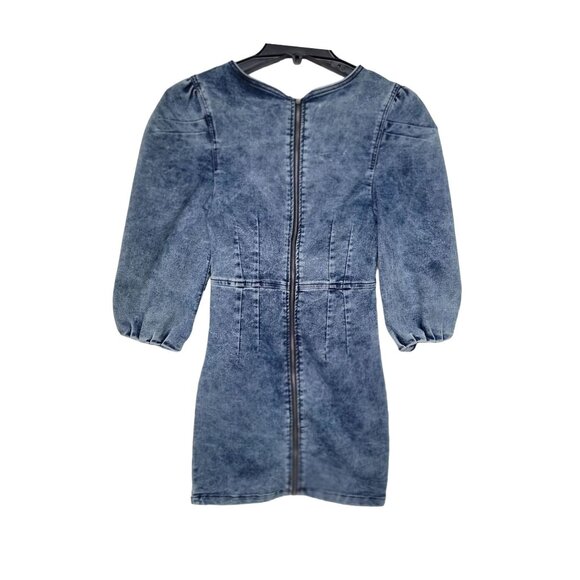 ⭐Parisian denim puff sleeve bodycon mini Women's dress Size S acid wash Blue - Picture 4 of 7
